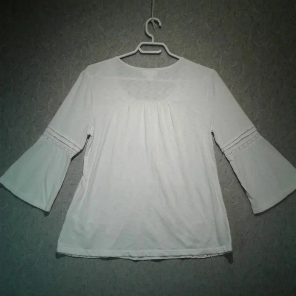 Style & Co  Women's White Cotton Blouse Bell Flared Sleeve Embroidered PM Petite - Picture 2 of 8